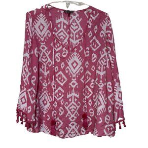 Unique Spectrum Women's 1X Blouse Top Pink White Tassels Pullover Shirt